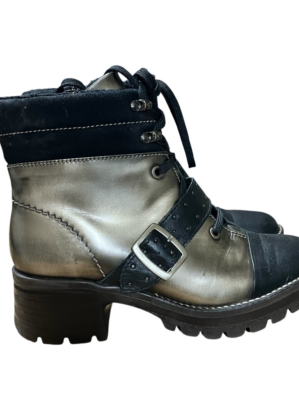 Dromedaris Leather Ankle Boots EU 38 Black Fur Lined Buckle Lug Chunky Sole - Picture 8 of 16